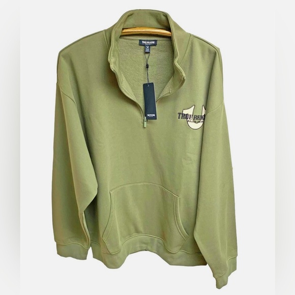 Men’s True Religion Green Relaxed Mock Quarter Zip Fleece Pullover- NWT - Picture 6 of 11